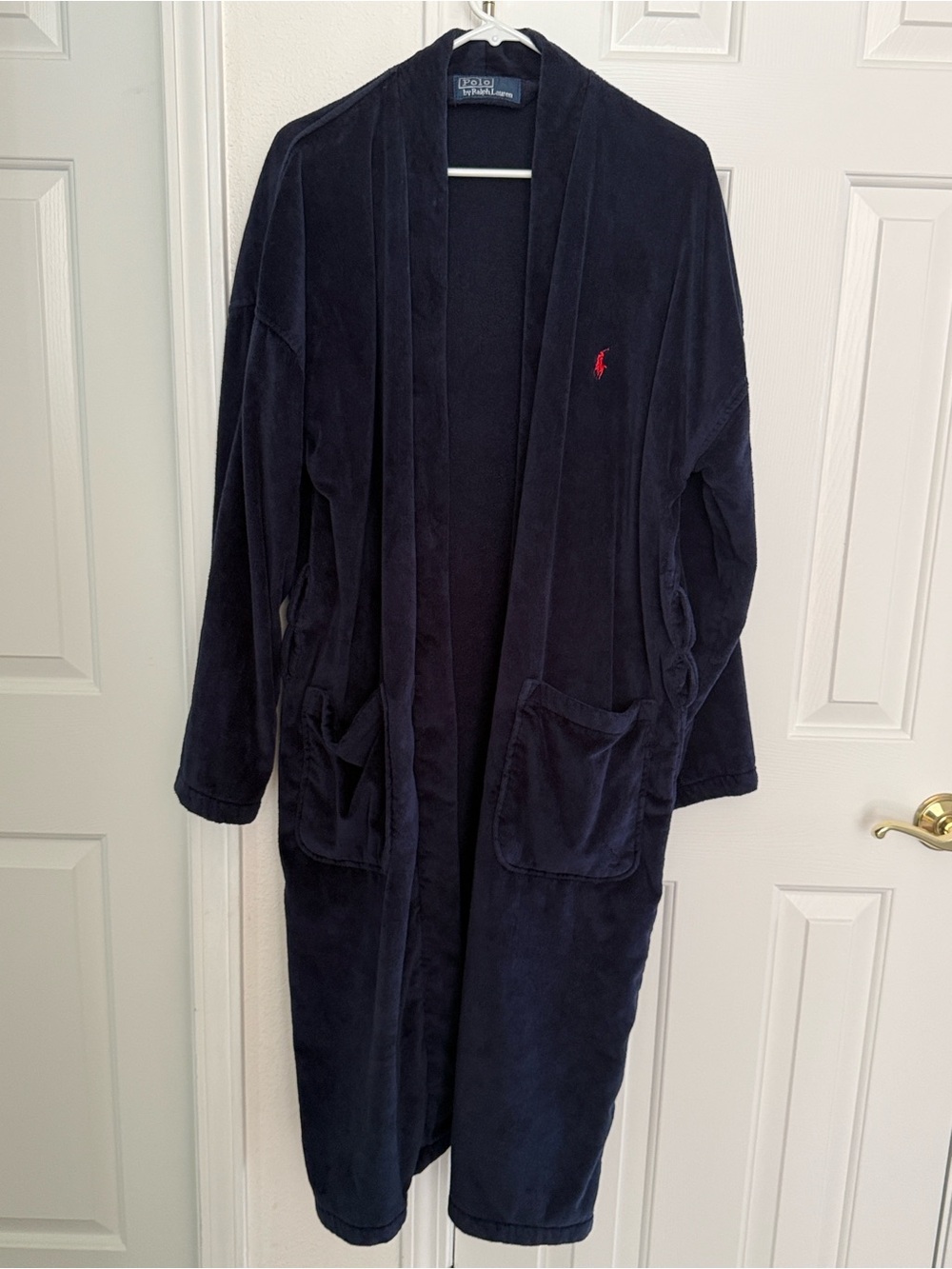 Polo by Ralph Lauren Navy Velour Robe with Red Pony Embroidery